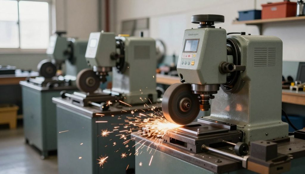A detailed image of an industrial grinding machine, specifically the "Galpão das máquinas" model, showcased in a bright workshop setting. In the foreground, focus on the grinding wheel in action, with sparks flying as it processes metal. The middle ground features various types of industrial grinding machines, highlighting their unique designs and features, such as adjustable settings and safety guards. In the background, arrangement of tools and safety equipment illustrates a professional working environment. Soft, natural lighting streams in from a nearby window, casting gentle shadows. The mood is industrious and efficient, emphasizing the advanced technology of industrial grinding machines. Depth of field creates a clear focus on the machines while slightly blurring the background for emphasis. A detailed image of an industrial grinding machine, specifically the "Galpão das máquinas" model, showcased in a bright workshop setting. In the foreground, focus on the grinding wheel in action, with sparks flying as it processes metal. The middle ground features various types of industrial grinding machines, highlighting their unique designs and features, such as adjustable settings and safety guards. In the background, arrangement of tools and safety equipment illustrates a professional working environment. Soft, natural lighting streams in from a nearby window, casting gentle shadows. The mood is industrious and efficient, emphasizing the advanced technology of industrial grinding machines. Depth of field creates a clear focus on the machines while slightly blurring the background for emphasis.