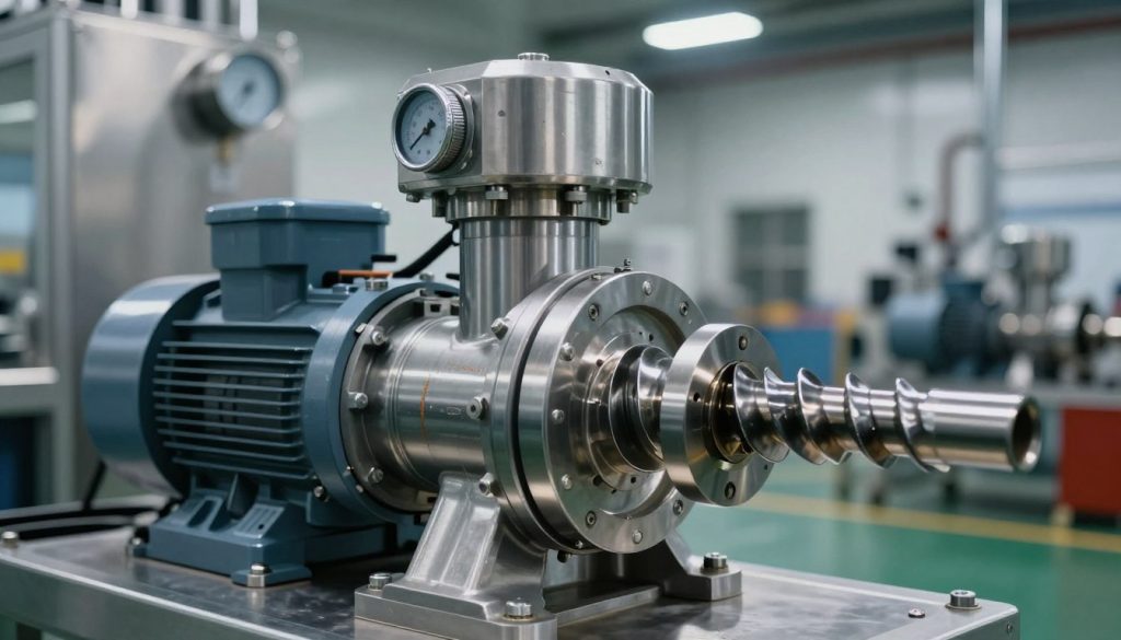 A detailed image of an industrial screw vacuum pump, prominently displayed in the foreground with gleaming metal surfaces and distinct spiraling screw mechanisms. The middle layer features a section of the pump showing the internal components, like motors and vacuum gauges, highlighting the mechanical intricacies. The background depicts a modern industrial setting, with stainless steel machinery and subtle hints of motion blur, suggesting an active manufacturing environment. Soft overhead lighting casts a professional glow, enhancing the sleek finish of the pump. The atmosphere is one of efficiency and innovation, conveying the essential role of this equipment in various industrial applications. The composition is captured from a slightly elevated angle to provide a comprehensive view of both the pump and its surroundings. A detailed image of an industrial screw vacuum pump, prominently displayed in the foreground with gleaming metal surfaces and distinct spiraling screw mechanisms. The middle layer features a section of the pump showing the internal components, like motors and vacuum gauges, highlighting the mechanical intricacies. The background depicts a modern industrial setting, with stainless steel machinery and subtle hints of motion blur, suggesting an active manufacturing environment. Soft overhead lighting casts a professional glow, enhancing the sleek finish of the pump. The atmosphere is one of efficiency and innovation, conveying the essential role of this equipment in various industrial applications. The composition is captured from a slightly elevated angle to provide a comprehensive view of both the pump and its surroundings.
