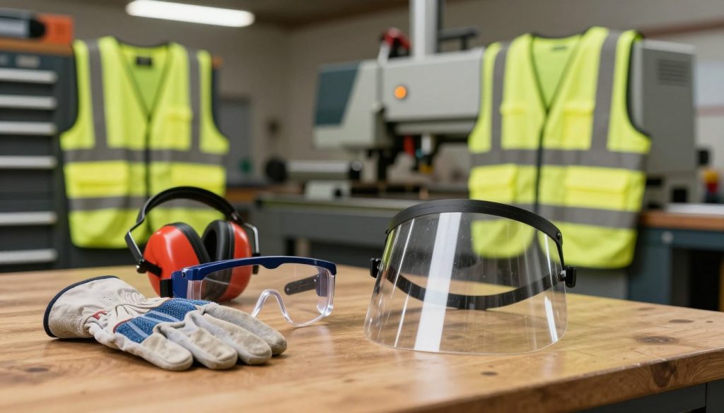 A detailed image showcasing essential protective equipment for operating a bandsaw. In the foreground, feature high-quality safety goggles, a pair of sturdy industrial work gloves, and a protective face shield, all neatly arranged on a wooden workbench. In the middle ground, display a pair of ear protection muffs and a reflective safety vest draped over a tool cabinet. The background should include a soft-focus bandsaw in a well-lit workshop environment, with overhead lights casting a warm glow. The atmosphere should evoke a sense of professionalism and safety, emphasizing the importance of protective gear in metalworking. Use a slight depth of field to draw attention to the gear while subtly showcasing the bandsaw and workshop setting.
