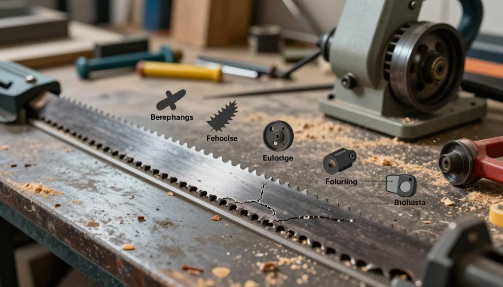 A detailed image showcasing the primary causes of band saw blade breakage, focusing on a cluttered workshop environment. In the foreground, a close-up of a damaged band saw blade displaying visible fractures and wear. In the middle ground, various common contributing factors like improperly tensioned blades, dull cutting edges, and misaligned pulleys, illustrated through labeled equipment parts and tools scattered around. The background features a well-worn workbench with sawdust and tools, enhancing the industrial workshop feel. The lighting is bright yet slightly moody, highlighting the textures of the blades and tools, using a soft focus lens to emphasize the details. The atmosphere is serious and informative, suitable for an educational context.