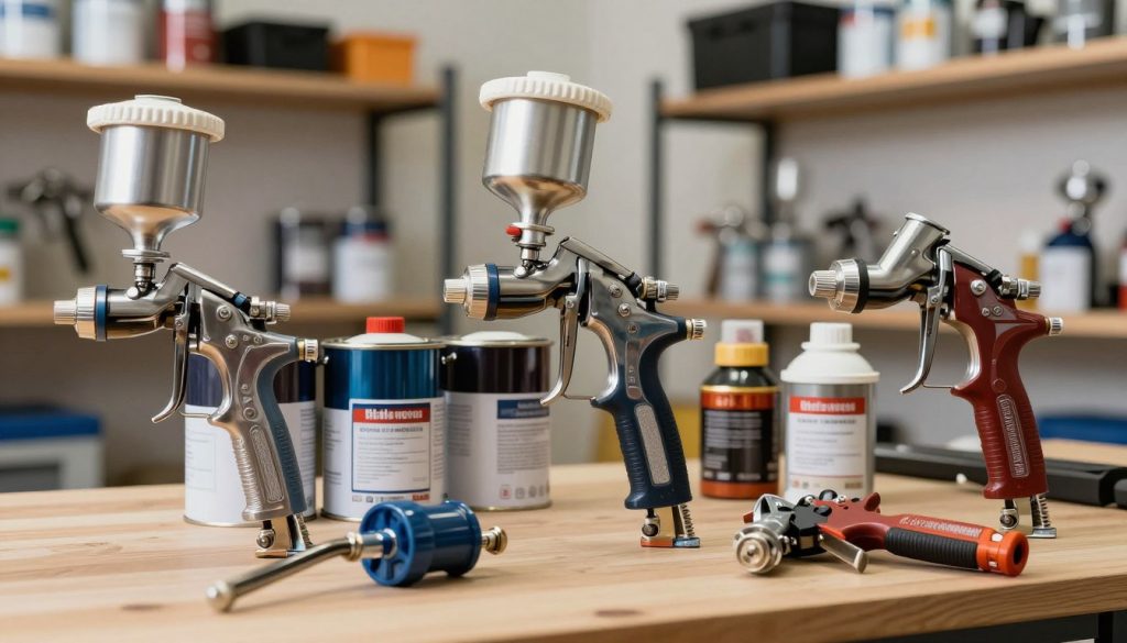 A detailed image showcasing various spray painting equipment from the brand "Galpão das máquinas". In the foreground, display an assortment of spray guns, paint sprayers, and compressed air tools, all intricately designed with visible components and rich textures. In the middle ground, arrange a selection of paint cans and color mixers, hinting at the variety of finishes available. The background should include a well-lit, organized workshop setting with shelving units displaying additional equipment and tools, conveying a sense of professionalism. Use soft, natural lighting to create a warm atmosphere while highlighting the shiny surfaces of the equipment. The angle should be slightly elevated to capture the full scene effectively, evoking a sense of expertise in spray painting techniques.