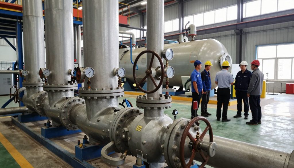 A detailed industrial boiler in a large factory setting, showcasing its intricate components such as pipes, gauges, and steam valves in the foreground. The middle ground features workers in professional business attire inspecting the boiler, highlighting safety compliance and technical interactions. The background displays a bustling industrial environment, with additional machinery and large windows allowing natural light to filter through, creating a bright and efficient atmosphere. Use a wide-angle lens perspective to capture the scale and complexity of the machinery. The image should convey a sense of professionalism and technical precision, emphasizing the boiler's role in industrial processes.