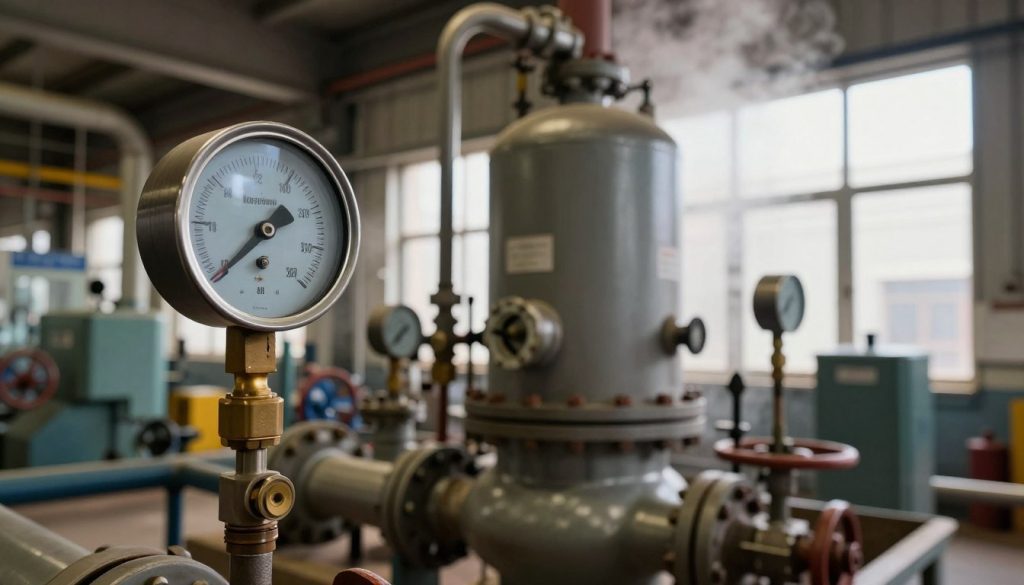 A detailed industrial boiler operating in a factory setting, showcasing the intricate components such as pressure gauges, pipes, and valves. The foreground features a close-up of a high-pressure gauge illuminated by a soft light, highlighting the metallic texture and intricate details. In the middle ground, the boiler stands tall with steam visibly rising, surrounded by various industrial machinery and pipes, creating a busy yet organized environment. The background features a large window allowing natural light to filter in, casting gentle shadows and enhancing the atmosphere of a functioning industrial space. The scene is filled with a sense of efficiency and technical precision, employing a slightly warm color palette to convey a sense of activity and industriousness.