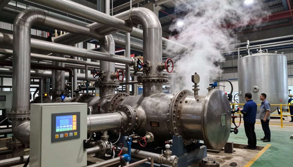 A detailed industrial boiler, showcasing its robust metal structure with intricate pipes and valves, situated in a large factory setting. In the foreground, the boiler’s control panel glows softly with digital displays, reflecting precision engineering. The middle section features a plumes of steam rising from the boiler, creating a dynamic movement in the scene, while workers in professional attire monitor the systems nearby, ensuring safety and efficiency. In the background, industrial machinery and storage tanks contribute to the atmosphere of a busy manufacturing environment. The lighting is bright and focused, illuminating the boiler, with shadows adding depth to the industrial space. Capture this scene from a slightly elevated angle to encompass the scale and complexity of the industrial application. The mood is one of productivity and advanced technology.