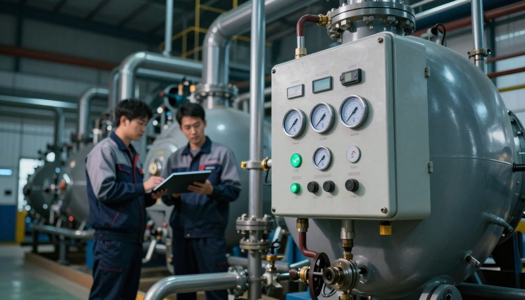A detailed industrial boiler system illustrating energy efficiency in a factory setting. In the foreground, showcase a sleek and modern boiler with visible gauges and control panels, emphasizing advanced technology. In the middle ground, include mechanics inspecting the boiler, dressed in professional attire, analyzing data on tablets. The background features a well-organized industrial space with dim ambient lighting accentuating the boiler's glowing gauges, emphasizing a sense of precision and professionalism. Use a low-angle shot to capture the imposing stature of the boiler, creating a trustworthy and efficient atmosphere. The color palette should reflect industrial tones: steel blues, greys, and hints of green from energy-saving indicators. The overall mood conveys focus and advancement in energy efficiency technologies.