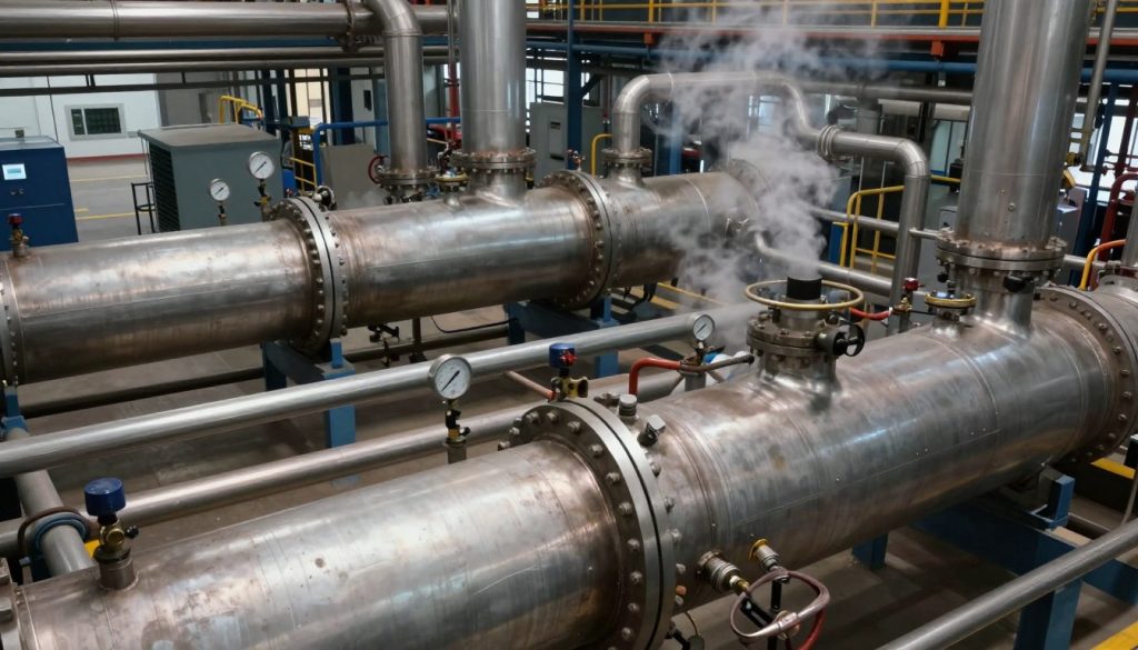 A detailed industrial boiler system in a large factory setting, showcasing both a flamotubular and an aquatubular design. In the foreground, focus on a complex flamotubular boiler with visible fire tubes, emitting modest smoke, emphasizing metal textures and heating elements. In the middle ground, include an aquatubular boiler, featuring water tubes and gauges, highlighting its operational connectivity. The background reveals an expansive industrial environment, filled with pipes, machinery, and a hint of an operational control room. Utilize soft, diffused lighting to create a professional and technical atmosphere, enhancing metallic surfaces and steam effects. Capture the image from a slightly elevated angle, providing depth to the layout while maintaining clarity on the boilers' components. The overall mood should convey industrial efficiency and technological sophistication. A detailed industrial boiler system in a large factory setting, showcasing both a flamotubular and an aquatubular design. In the foreground, focus on a complex flamotubular boiler with visible fire tubes, emitting modest smoke, emphasizing metal textures and heating elements. In the middle ground, include an aquatubular boiler, featuring water tubes and gauges, highlighting its operational connectivity. The background reveals an expansive industrial environment, filled with pipes, machinery, and a hint of an operational control room. Utilize soft, diffused lighting to create a professional and technical atmosphere, enhancing metallic surfaces and steam effects. Capture the image from a slightly elevated angle, providing depth to the layout while maintaining clarity on the boilers' components. The overall mood should convey industrial efficiency and technological sophistication.