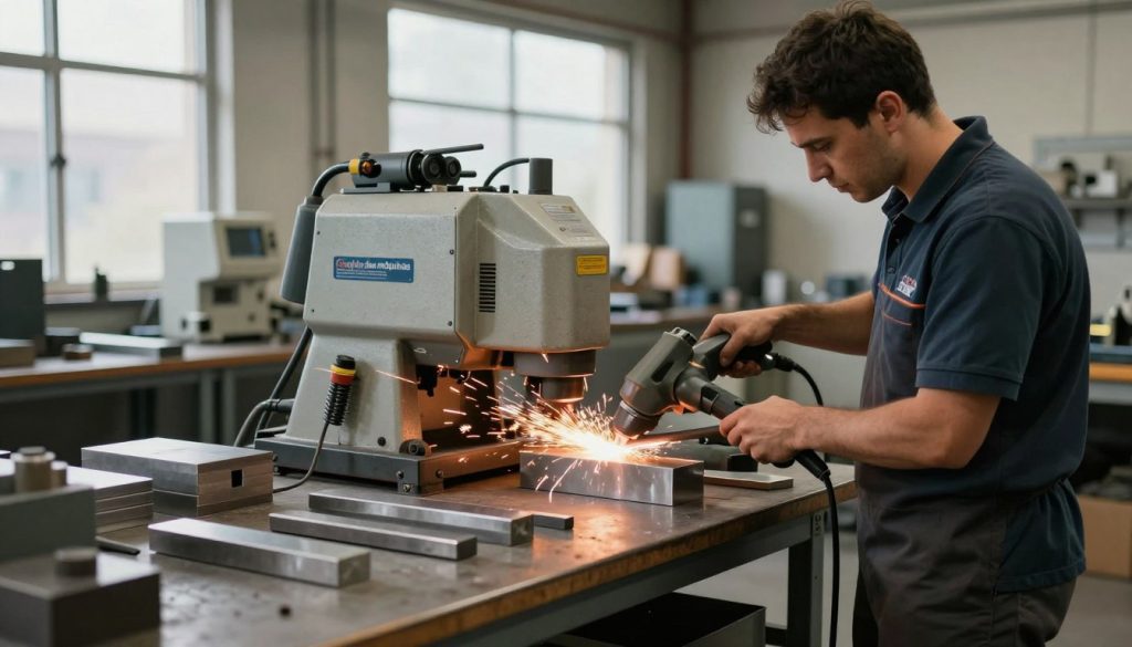 A detailed industrial grinding workshop scene showcasing the benefits of industrial and professional grinding. In the foreground, a skilled worker in professional business attire confidently operates a powerful grinding machine, sparks flying as metal is shaped. The middle ground features various grinding tools and materials, including a neatly organized workbench displaying polished metal pieces. In the background, large windows allow soft natural light to illuminate the space, highlighting the efficiency and precision of the grinding process. The atmosphere is dynamic yet focused, with an emphasis on craftsmanship and quality. Incorporate the brand name "Galpão das máquinas" subtly on the machine or workspace without distracting from the central theme, creating a professional and inviting visual representation. A detailed industrial grinding workshop scene showcasing the benefits of industrial and professional grinding. In the foreground, a skilled worker in professional business attire confidently operates a powerful grinding machine, sparks flying as metal is shaped. The middle ground features various grinding tools and materials, including a neatly organized workbench displaying polished metal pieces. In the background, large windows allow soft natural light to illuminate the space, highlighting the efficiency and precision of the grinding process. The atmosphere is dynamic yet focused, with an emphasis on craftsmanship and quality. Incorporate the brand name "Galpão das máquinas" subtly on the machine or workspace without distracting from the central theme, creating a professional and inviting visual representation.