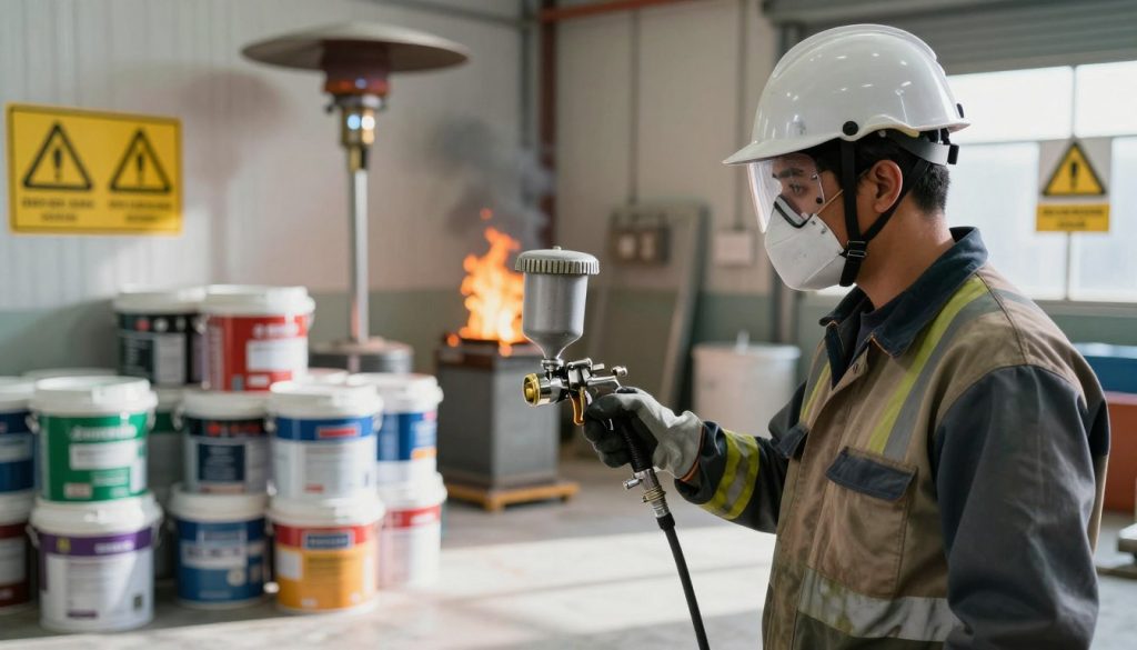 A detailed industrial painting environment showcasing fire risks. In the foreground, a professional worker in safety gear, including a mask and gloves, is using a spray gun, carefully monitoring his surroundings. The middle ground features flammable materials like paints and solvents stored improperly, with warning signs visible. In the background, an open flame hazard is depicted, such as an unattended heater or spark source. Bright and clear lighting creates sharp contrasts, but shadows hint at lurking dangers. The atmosphere is tense yet focused, emphasizing the importance of safety. Include the brand name "Galpão das máquinas" subtly in the scene, perhaps as part of a safety poster on a wall. The lens captures a slightly wide-angle view, enhancing the sense of space and potential hazards.