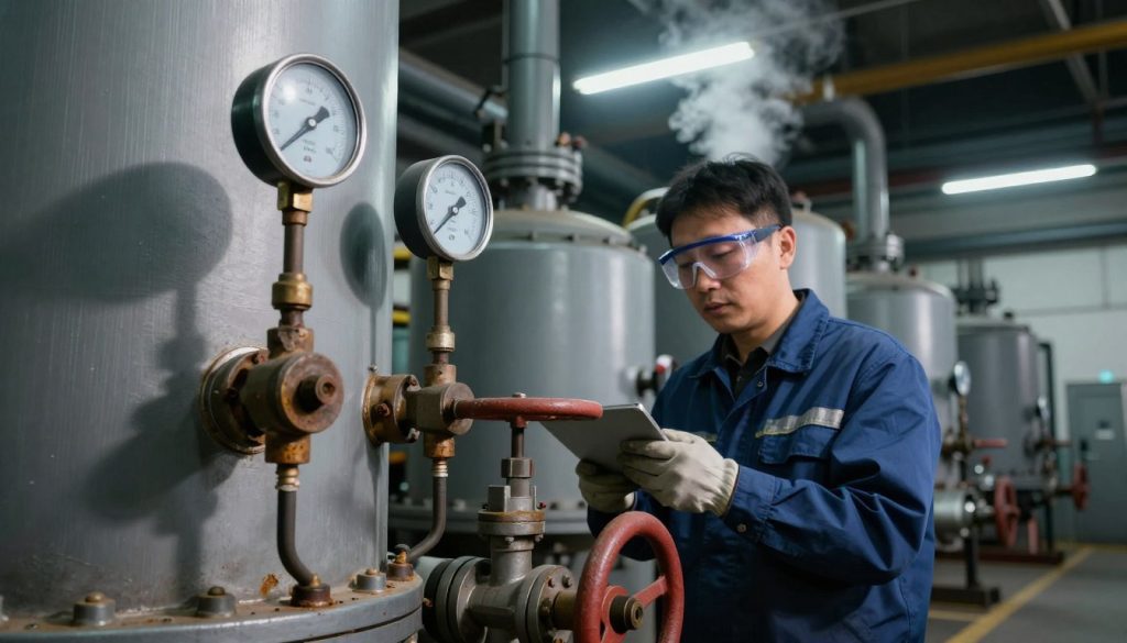 A detailed industrial scene depicting potential risks associated with boiler usage. In the foreground, a close-up of a boiler's gauges and valves, highlighting any signs of wear or corrosion. In the middle ground, a technician in professional attire examines the equipment, wearing safety goggles and gloves, reflecting diligence in safety practices. The background showcases a large, industrial facility with various boilers, some emitting steam or smoke, under stark fluorescent lighting that casts sharp shadows, creating a tense yet focused atmosphere. The color palette consists of muted greys and blues, emphasizing the serious nature of boiler safety. Use a slightly low angle to convey the scale of the equipment, and capture the scene with a high-resolution lens to ensure clarity and detail.