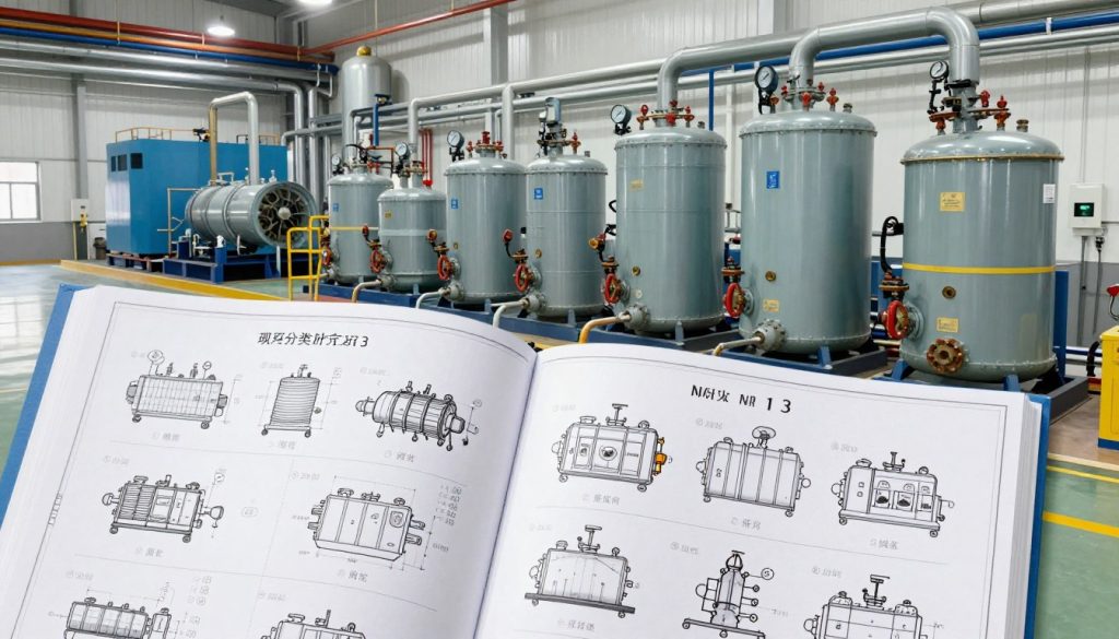 A detailed industrial scene featuring a classification chart of steam boilers in compliance with NR 13 regulations. In the foreground, an open blueprint showcases various boiler types, labeled with specific pressure and capacity classifications. The middle ground features several industrial boilers in operation, illustrating different categories: fire-tube, water-tube, and electric boilers. The background depicts a well-organized industrial facility with pipes and gauges, conveying an atmosphere of safety and efficiency. The scene is brightly lit with soft white lighting, simulating a professional working environment. The composition is captured from a slight overhead angle, providing a comprehensive view of the classification system and its importance in industrial settings.
