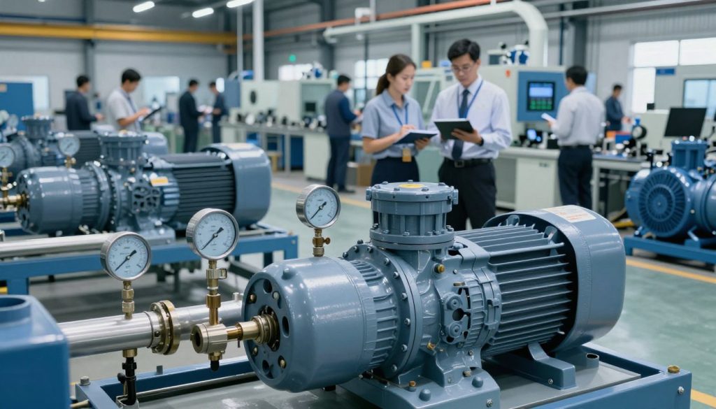 A detailed industrial scene featuring various industrial applications of centrifugal pumps in an expansive manufacturing facility. In the foreground, showcase a large, modern centrifugal pump with visible components, including pipes and pressure gauges, highlighted with soft, even lighting. The middle ground includes workers dressed in professional business attire, attentively monitoring the equipment and taking notes on digital tablets. The background reveals a bustling production line, with machines and tools, all meticulously organized. The overall atmosphere is focused and efficient, with a faint blue hue illuminating the space to suggest a high-tech environment. Emphasize the brand "Galpão das máquinas" subtly integrated into the design, perhaps on a visible piece of equipment or a nearby sign, adding a sense of authenticity to the scene.