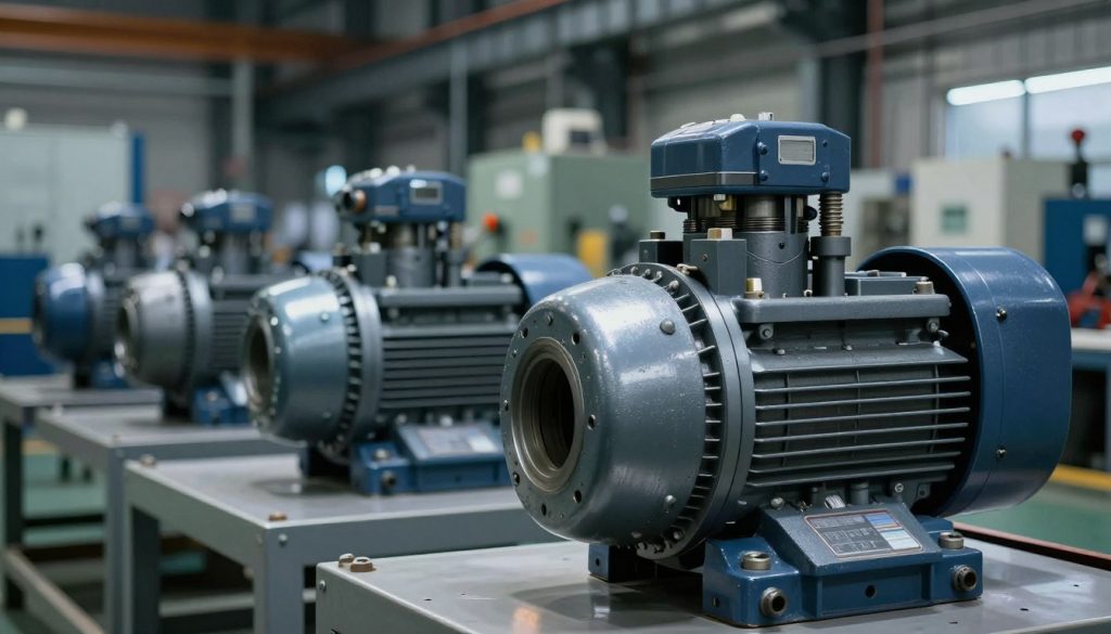 A detailed industrial scene showcasing a variety of industrial hydraulic piston pumps. In the foreground, a large, robust hydraulic pump with visible pistons, industrial textures, and metal surfaces reflecting bright, overhead lighting. The middle ground features several smaller pumps in a well-organized assembly line setup, emphasizing their compact design and versatile applications in various industries. In the background, a dimly lit factory setting with machinery and pipes, suggesting a busy industrial atmosphere. The image should have a slightly cool color palette, with sharp focus on the pumps and a soft bokeh effect on the surroundings to enhance depth. The overall mood should convey innovation and reliability in industrial applications.