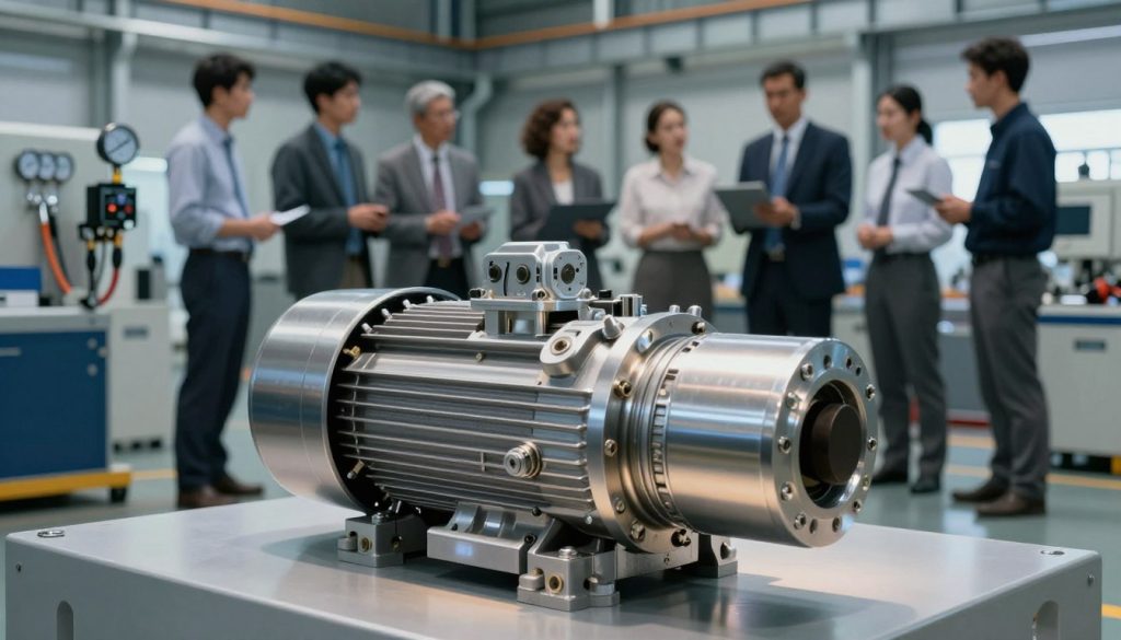 A detailed industrial scene showcasing the benefits of hydraulic pumps. In the foreground, display a sleek, high-quality hydraulic pump with polished metallic surfaces and visible intricate components, illuminating the technology's sophistication. In the middle ground, portray a diverse group of engineers in professional business attire, inspecting the hydraulic system with focused expressions, surrounded by hydraulic hoses, gauges, and machinery. The background should feature a modern factory setting with large machinery and clean lines, emphasizing efficiency and advanced technology. Soft, diffused lighting highlights the pump, casting subtle shadows that create depth. The atmosphere conveys a sense of innovation, reliability, and teamwork in an industrial environment.