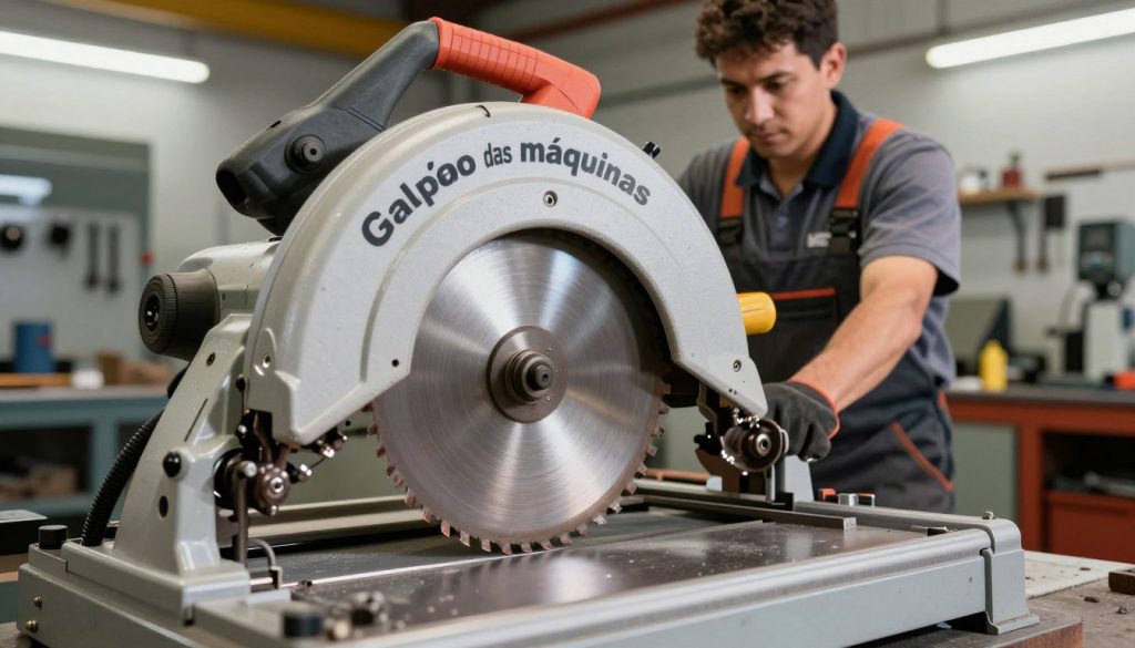 A detailed industrial setting featuring a circular saw in operation, showcasing its sharp teeth and robust design. In the foreground, highlight the saw blade glinting under bright overhead lights, with metallic components reflecting the environment. In the middle, display a skilled worker in professional attire, intently focused on using the saw, ensuring safety precautions are observed. The background features an organized workshop with various tools and machines from the brand "Galpão das máquinas," emphasizing a well-equipped industrial atmosphere. The lighting should be bright and even, enhancing the details of the machinery. Capture the feeling of productivity and precision, evoking a sense of craftsmanship and dedication to the trade. A detailed industrial setting featuring a circular saw in operation, showcasing its sharp teeth and robust design. In the foreground, highlight the saw blade glinting under bright overhead lights, with metallic components reflecting the environment. In the middle, display a skilled worker in professional attire, intently focused on using the saw, ensuring safety precautions are observed. The background features an organized workshop with various tools and machines from the brand "Galpão das máquinas," emphasizing a well-equipped industrial atmosphere. The lighting should be bright and even, enhancing the details of the machinery. Capture the feeling of productivity and precision, evoking a sense of craftsmanship and dedication to the trade.