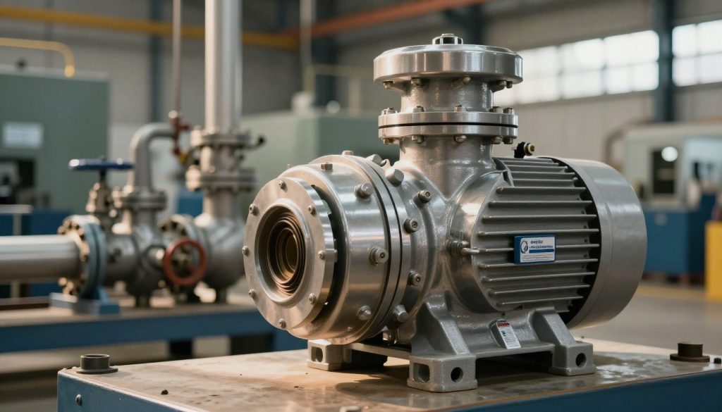 A detailed industrial setting featuring a mono-stage centrifugal pump prominently displayed in the foreground, showcasing its intricate rotor and casing. The pump should have a polished metallic finish and clearly labeled components. In the middle ground, various industrial pipes and valves connect to the pump, emphasizing its functional context. The background features a softly blurred factory environment with large machinery and ambient lighting creating a productive atmosphere. Use warm, natural lighting to highlight details and textures, capturing the essence of industrial application. The scene should evoke a sense of reliability and efficiency. Include a subtle logo of "Galpão das máquinas" on the pump, enhancing brand visibility without distracting from the subject. A detailed industrial setting featuring a mono-stage centrifugal pump prominently displayed in the foreground, showcasing its intricate rotor and casing. The pump should have a polished metallic finish and clearly labeled components. In the middle ground, various industrial pipes and valves connect to the pump, emphasizing its functional context. The background features a softly blurred factory environment with large machinery and ambient lighting creating a productive atmosphere. Use warm, natural lighting to highlight details and textures, capturing the essence of industrial application. The scene should evoke a sense of reliability and efficiency. Include a subtle logo of "Galpão das máquinas" on the pump, enhancing brand visibility without distracting from the subject.