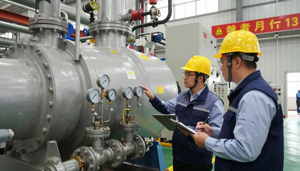 A detailed industrial setting showcasing a team of qualified professionals conducting inspections on large industrial boilers, ensuring compliance with NR 13 regulations. In the foreground, two technicians in professional business attire are carefully examining the boiler's pressure gauges and safety valves, using clipboards and digital devices for documentation. The middle ground features the imposing, heavy machinery of the boiler itself, showcasing intricate piping and control panels, with visible safety labels and inspection stickers. The background highlights a factory environment with additional equipment and safety signage. The lighting is bright and even, simulating a well-lit industrial workspace, while maintaining technical precision and a professional atmosphere. The angle captures the scale and complexity of the inspection process, emphasizing the diligence and expertise required in industrial safety compliance.