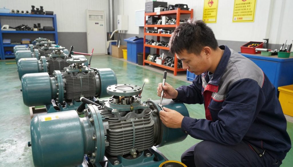 A detailed industrial setting showcasing preventive maintenance of hydraulic pumps. In the foreground, a technician in professional work attire is inspecting a large hydraulic pump, using precision tools. The technician's expression reflects focus and diligence. The middle ground features additional hydraulic pumps arranged in an orderly fashion, with visible maintenance tools and equipment nearby. In the background, a well-organized workshop with storage shelves filled with spare parts and safety signage contributes to an industrial ambiance. The lighting is bright and functional, casting soft shadows, with a slight lens flare reflecting off the machinery. The atmosphere conveys a sense of professionalism and attention to detail, emphasizing the importance of preventive maintenance in industrial operations.