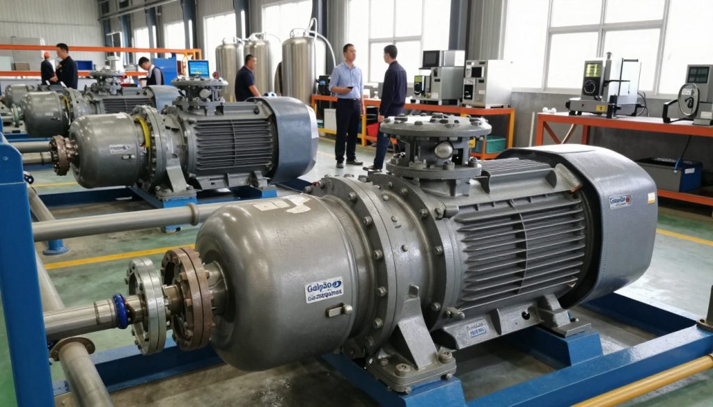 A detailed industrial setting showcasing the application of centrifugal pumps, prominently featuring a large, operational centrifugal pump in the foreground with piping and valves visible. The mid-ground includes industrial machinery, tanks, and workers in professional business attire overseeing the operations. The background displays a factory environment with shelves lined with equipment, illuminated by bright, natural lighting from large windows. The atmosphere is dynamic and industrious, indicating efficiency and productivity. Capture the scene from a slightly elevated angle to provide depth, highlighting the intricate details of the pump and surrounding machinery. The brand name "Galpão das máquinas" is subtly incorporated into the design of the machinery or equipment.