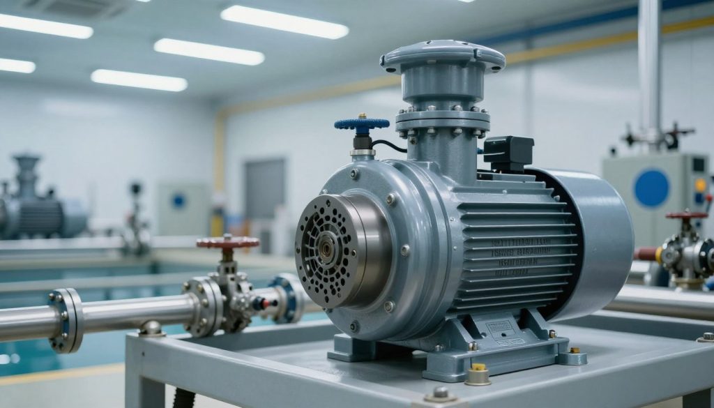 A detailed industrial submersible pump positioned prominently in the foreground, showcasing its robust construction with metallic components and a clear view of the motor and impeller design. Surrounding the pump, include technical elements like pipes and valves that illustrate its connection to an industrial system. In the middle ground, depict a clean, well-lit industrial environment, such as a factory or water treatment facility, with cool, fluorescent lighting enhancing the sterile atmosphere. The background can feature blurred outlines of machinery and equipment, emphasizing the settings where such pumps operate. The overall mood of the image should be professional and precise, capturing the essence of industrial efficiency without distractions or text elements. Use an angle that provides a slightly elevated view to highlight the pump's importance in the facility.