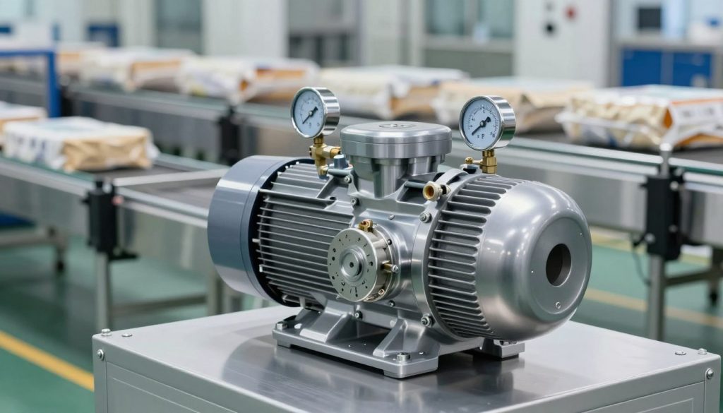 A detailed industrial vacuum pump prominently displayed in the foreground, showcasing its sleek metal casing, valves, and gauges. The pump should be realistically rendered with a smooth, reflective surface, capturing light in a way that emphasizes its industrial design. In the middle ground, a backdrop of a modern packaging facility, with conveyor belts and packaged products, illustrating the pump’s role in the packaging process. The background should be slightly blurred to draw focus to the pump, while still showing an organized and efficient working environment. Soft, ambient lighting creates a professional atmosphere, evoking a sense of innovation and reliability, ideal for conveying the importance of vacuum pumps in packaging systems.