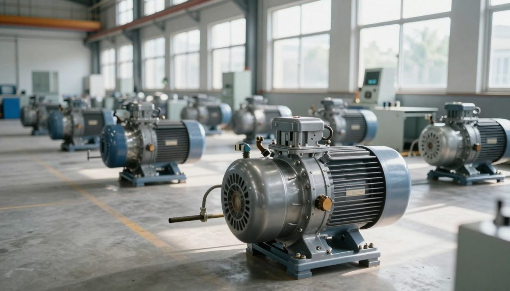 A detailed industrial vacuum pump set in a modern factory environment. In the foreground, the vacuum pump is prominently displayed, showcasing its metallic body and intricate piping. The middle layer features industrial machinery and equipment, demonstrating a clean and organized workspace. In the background, large windows allow natural light to flood in, casting soft shadows and highlighting the industrial atmosphere. The scene should reflect a sense of professionalism and efficiency, capturing the significance of the vacuum pump in industrial processes. Use bright, clean lighting to emphasize the pump's features, and a wide-angle lens to create a sense of depth and perspective in the factory setting. The overall mood should convey a blend of innovation and reliability in industrial applications.