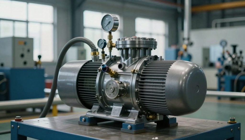 A detailed industrial vacuum pump showcased in an industrial setting, prominently displayed in the foreground. The pump is shiny and metallic with various technical components like gauges, hoses, and valves visible. The middle ground features a factory environment with subtle elements like pipes, machinery, and soft ambient lighting that highlights the pump without causing glare. The background includes blurred silhouettes of industrial equipment and large windows letting in natural light, creating a dynamic atmosphere. The scene conveys a sense of efficiency and innovation in industrial processes. Use a slightly angled perspective to emphasize the pump's intricate mechanisms, ensuring a professional and polished look.