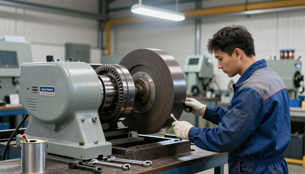 A detailed industrial workshop scene focused on the maintenance of a large industrial grinder ("esmeril"). In the foreground, a skilled technician in professional work attire inspects the machine, with tools like wrenches and oil cans nearby. The middle ground features the industrial grinder, showcasing its intricate gears and grinding wheels, gleaming under bright overhead lights. The background reveals a well-organized workspace with various machinery and safety equipment. The lighting is bright and functional, creating clear visibility and an atmosphere of diligence and professionalism. The color palette includes metallic grays and blues, contributing to a serious yet focused mood. Add the brand name "Galpão das máquinas" subtly integrated into the scene, emphasizing the industrial context without detracting from the main subject. A detailed industrial workshop scene focused on the maintenance of a large industrial grinder ("esmeril"). In the foreground, a skilled technician in professional work attire inspects the machine, with tools like wrenches and oil cans nearby. The middle ground features the industrial grinder, showcasing its intricate gears and grinding wheels, gleaming under bright overhead lights. The background reveals a well-organized workspace with various machinery and safety equipment. The lighting is bright and functional, creating clear visibility and an atmosphere of diligence and professionalism. The color palette includes metallic grays and blues, contributing to a serious yet focused mood. Add the brand name "Galpão das máquinas" subtly integrated into the scene, emphasizing the industrial context without detracting from the main subject.