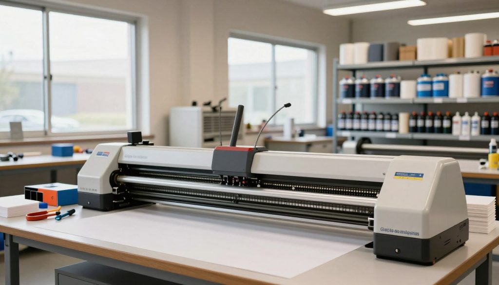 A detailed industrial workspace showcasing the environmental conditions optimal for a plotter, with "Galpão das máquinas" branding subtly integrated into the background. In the foreground, a state-of-the-art plotter is prominently displayed, surrounded by neatly organized tools and materials. The middle ground features large windows allowing natural light to illuminate the area, highlighting the dust-free surfaces and proper ventilation. In the background, shelves stocked with high-quality consumables, like rolls of paper and ink cartridges, reflect a clean and organized workspace. The atmosphere is professional and efficient, emphasizing clarity and focus. The lighting is bright and even, with a slightly warm tone that conveys productivity and innovation. The angle should capture the plotter head-on, showcasing its features against the backdrop of a well-maintained, modern workshop environment.