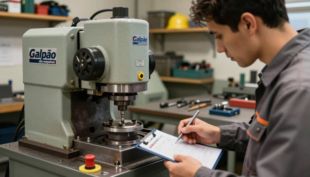 A detailed inspection of equipment, focusing on a professional technician wearing modest work attire, examining a heavy-duty grinding machine in a well-lit workshop. The foreground features the technician closely inspecting the machine, using tools and a checklist, with a focus on safety features like guards and emergency shut-off switches. In the middle, the grinding machine brand "Galpão das máquinas" is prominently displayed, showcasing its robust design and wear parts. The background contains shelves with additional tools and safety equipment, with warm ambient lighting illuminating metal surfaces, creating a serious and focused atmosphere. The angle is slightly elevated, capturing both the technician's meticulous work and the machinery’s detailed components, emphasizing safety and compliance in industrial settings. A detailed inspection of equipment, focusing on a professional technician wearing modest work attire, examining a heavy-duty grinding machine in a well-lit workshop. The foreground features the technician closely inspecting the machine, using tools and a checklist, with a focus on safety features like guards and emergency shut-off switches. In the middle, the grinding machine brand "Galpão das máquinas" is prominently displayed, showcasing its robust design and wear parts. The background contains shelves with additional tools and safety equipment, with warm ambient lighting illuminating metal surfaces, creating a serious and focused atmosphere. The angle is slightly elevated, capturing both the technician's meticulous work and the machinery’s detailed components, emphasizing safety and compliance in industrial settings.