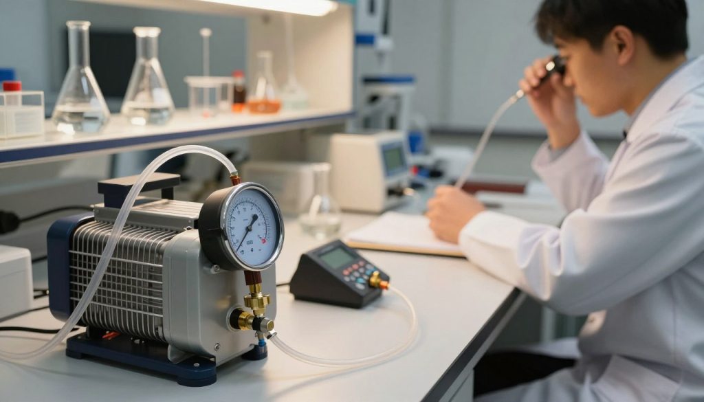 A detailed laboratory setting showcasing a digital absolute pressure gauge prominently in the foreground, displaying precise measurements. In the middle ground, a vacuum pump operates, connected by clear tubing, illustrating its role in the system. The background features a workbench cluttered with scientific equipment, such as glass flasks and pressure test equipment, under warm, focused lighting to create a professional atmosphere. A technician in a lab coat, focused on taking readings, adds a human element, positioned slightly to the side to maintain the focus on the measurement instruments. Use a wide-angle lens to capture the depth of the scene, infusing the image with a sense of action and precision in a modern scientific environment. A detailed laboratory setting showcasing a digital absolute pressure gauge prominently in the foreground, displaying precise measurements. In the middle ground, a vacuum pump operates, connected by clear tubing, illustrating its role in the system. The background features a workbench cluttered with scientific equipment, such as glass flasks and pressure test equipment, under warm, focused lighting to create a professional atmosphere. A technician in a lab coat, focused on taking readings, adds a human element, positioned slightly to the side to maintain the focus on the measurement instruments. Use a wide-angle lens to capture the depth of the scene, infusing the image with a sense of action and precision in a modern scientific environment.