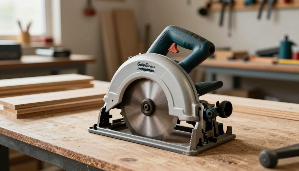 A detailed manual circular saw prominently displayed in the foreground, showcasing its blade and ergonomic handle, branded with "Galpão das máquinas." In the middle ground, various types of wood pieces, such as plywood and lumber, neatly arranged, suggesting they are prepared for cutting. The background features a well-lit workshop environment, with tools hanging on the wall and a workbench cluttered with additional equipment. The image is illuminated with warm, natural light streaming through a window, creating a welcoming atmosphere. Shot from a slightly elevated angle to capture the saw and its surroundings, emphasizing its usability and practicality. The overall mood should convey the essence of craftsmanship and DIY projects, reflecting its common uses.