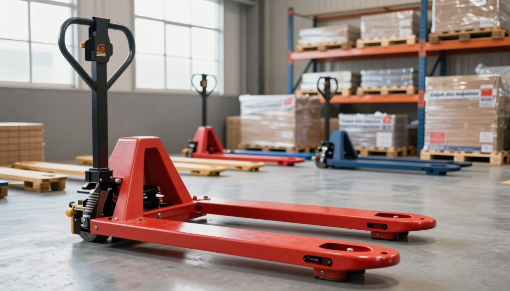A detailed manual pallet jack, also known as "paleteira manual," prominently displayed in a bright industrial warehouse setting. The foreground shows the pallet jack with its sturdy metal frame and ergonomic handle, designed for heavy lifting, featuring a vibrant red color. In the middle ground, a variety of pallet jack models can be seen, including different sizes and features like adjustable forks and wheel types, illustrating the diversity of options available in the Brazilian market. The background includes shelves stocked with pallets of materials in a clean, organized environment, with soft natural lighting filtering through large windows, creating a professional and efficient atmosphere. The branding "Galpão das máquinas" is subtly integrated into the scene, emphasizing quality and reliability. The focus is sharp, showcasing details of the jack and surroundings, captured from a slightly angled perspective.