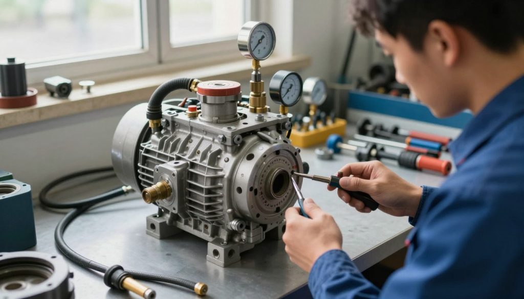 A detailed mechanical inspection of a hydraulic pump in a workshop setting, showcasing a technician dressed in professional attire. In the foreground, the technician is closely examining the pump with specialized tools. The middle layer features the hydraulic pump prominently, highlighting its intricate components, such as hoses, valves, and gauges, bathed in natural light from nearby windows. The background includes various mechanical tools and parts organized neatly, suggesting a well-maintained workspace. The scene conveys a sense of diligence and professionalism, with a focus on safety and compliance. The lighting is bright yet soft, illuminating the details while creating a sharp contrast between the technician and the machinery, emphasizing the importance of thorough inspection.