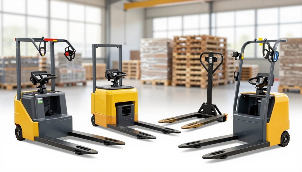 A detailed, professional illustration of various types of electric pallet jacks (paleteiras elétricas) available in the market, emphasized on showcasing their different designs and functionalities. In the foreground, three diverse electric pallet jacks with distinct features: a compact model for tight spaces, a heavy-duty version for larger loads, and a walkie stacker. In the middle ground, a warehouse setting with a clean, organized environment, showcasing stacks of pallets to provide context. In the background, soft natural lighting from high windows illuminates the space, creating a bright and inviting atmosphere. The image should maintain a focus on the equipment's technical details, emphasizing their efficiency and practicality. Include the logo of "Galpão das máquinas" subtly on the pallet jacks. The overall mood is professional and informative.