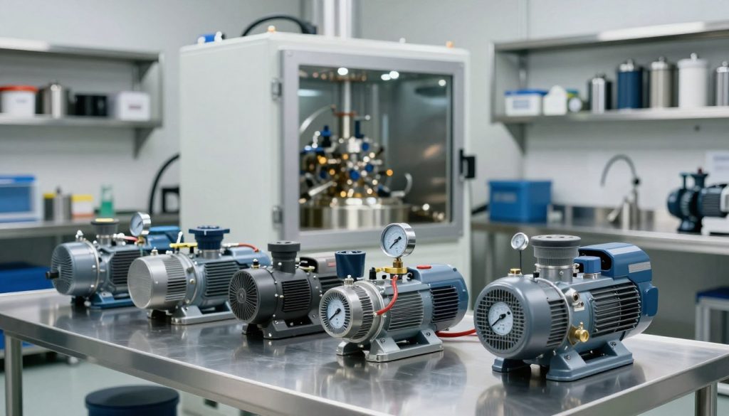 A detailed, realistic depiction of industrial vacuum equipment in a clean, modern workshop setting. In the foreground, showcase a range of vacuum pumps and gauges, meticulously arranged on a stainless steel workbench. The middle ground features a specialized vacuum chamber with transparent sides, allowing for a view of its intricate inner components. The background includes shelves lined with various vacuum accessories, such as hoses and filters, all neatly organized. Soft, diffused lighting illuminates the scene, emphasizing the equipment's metallic textures and showcasing the precision engineering. The atmosphere conveys professionalism and innovation, suitable for an industrial workplace. The image should have a sharp focus, taken from an angle that captures both detail and depth, inviting the viewer into this high-tech environment.
