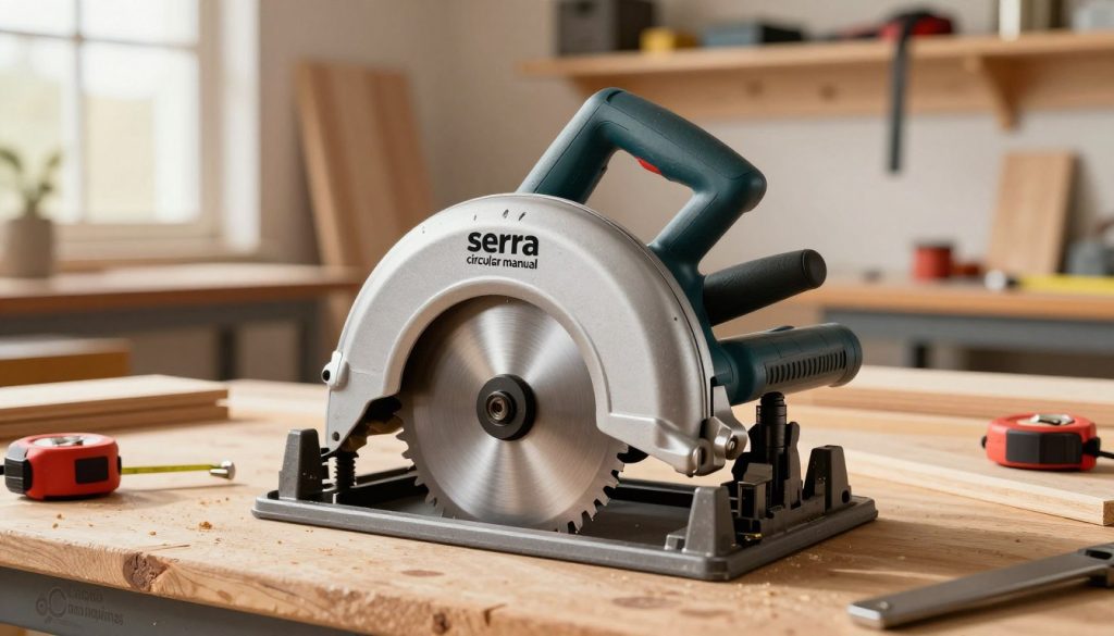 A detailed, realistic illustration of a "serra circular manual" (manual circular saw) on a workbench. In the foreground, prominently display the saw with its sharp, gleaming blade and ergonomic handle, showing intricate details like the blade's teeth and the safety guard. The middle ground features scattered woodworking tools such as a tape measure and wood pieces, emphasizing a workshop environment. In the background, a wooden wall with shelving holds other tools, softly blurred to maintain focus on the saw. The scene is brightly lit with warm, natural light flooding in from a nearby window, casting gentle shadows. The atmosphere feels industrious yet organized, conveying a sense of craftsmanship. Include the brand name "Galpão das máquinas" subtly integrated into the workbench surface.