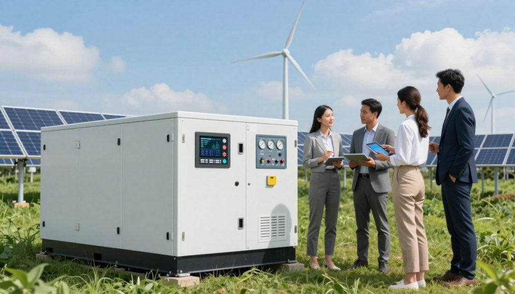 A detailed, realistic image of a power generator amidst a lush, green landscape, representing energy autonomy. In the foreground, the generator is prominently displayed, showcasing its technical features like control panels and power output gauges. In the middle ground, a diverse group of professionals in business attire discuss the generator's effectiveness, pointing to data charts on tablets. The background features a clear blue sky with a few fluffy clouds, highlighting renewable energy sources like wind turbines and solar panels under soft sunlight. The scene conveys a sense of innovation and sustainability, emphasizing the importance of energy autonomy. Bright and natural lighting enhances the atmosphere of progress and hope, captured at a slightly elevated angle for depth.