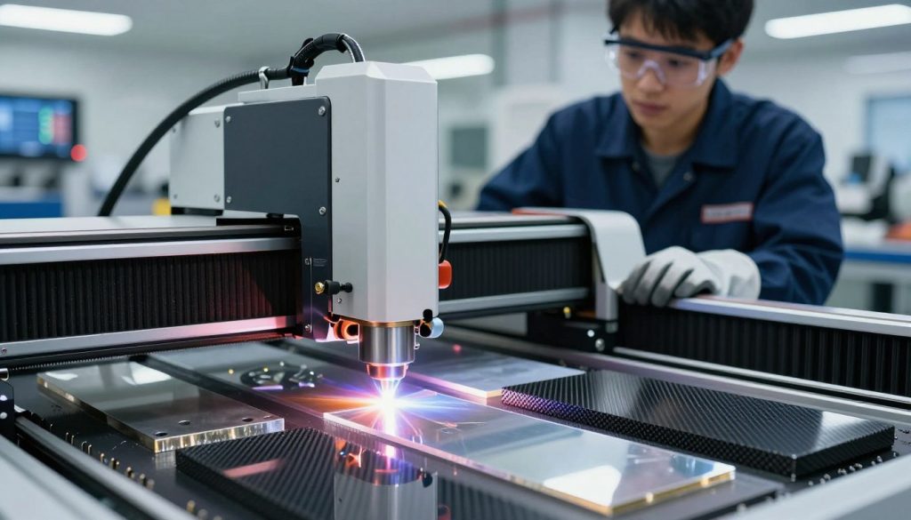A detailed representation of special materials being processed through laser cutting technology. Foreground: a sleek laser cutting machine with bright, focused laser beam cutting through various special materials like titanium, acrylic, and carbon fiber, showcasing clean edges and intricate designs. Middle ground: a worker in professional attire observing the cutting process attentively, wearing safety goggles and protective gloves, illustrating careful handling of materials. Background: a well-lit workshop filled with advanced machinery, vibrant lights reflecting off surfaces, highlighting the technological innovation in material processing. The atmosphere should be one of precision, focus, and innovation, with a mix of bright and soft lighting to emphasize the cutting action and materials.