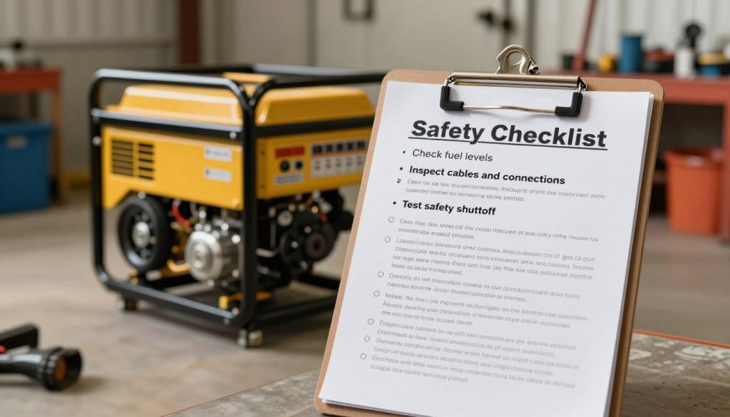 A detailed safety checklist for an electric generator, prominently displayed on a clipboard in the foreground. The checklist should include items such as "Check fuel levels," "Inspect cables and connections," and "Test safety shutoff." In the middle, an electric generator sits on a clean, level surface, showcasing its various features like control panel and wheels. The background features a workshop or outdoor area with tools and equipment neatly arranged, creating an organized setting. Warm but focused lighting highlights the checklist and generator, creating a professional atmosphere. The scene is shot from a slight angle to showcase depth, emphasizing the importance of safety in generator operation. No people are present, ensuring the focus remains on the equipment and checklist.