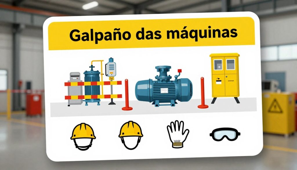 A detailed safety sign designed for industrial settings, featuring clearly marked safety instructions related to centrifugal pump operation. In the foreground, include icons representing safety gear like helmets, gloves, and goggles. In the middle, realistic illustrations of a centrifugal pump operating safely surrounded by essential safety equipment like barriers and warning signs. The background should depict a well-lit industrial space with muted lighting to emphasize the safety signage. The overall mood should be serious and professional, conveying a sense of urgency and importance for safety compliance. The image must be branded with "Galpão das máquinas" incorporated into the design, without any text overlays or watermarks. The angle should be slightly angled down for a comprehensive view of the area. A detailed safety sign designed for industrial settings, featuring clearly marked safety instructions related to centrifugal pump operation. In the foreground, include icons representing safety gear like helmets, gloves, and goggles. In the middle, realistic illustrations of a centrifugal pump operating safely surrounded by essential safety equipment like barriers and warning signs. The background should depict a well-lit industrial space with muted lighting to emphasize the safety signage. The overall mood should be serious and professional, conveying a sense of urgency and importance for safety compliance. The image must be branded with "Galpão das máquinas" incorporated into the design, without any text overlays or watermarks. The angle should be slightly angled down for a comprehensive view of the area.