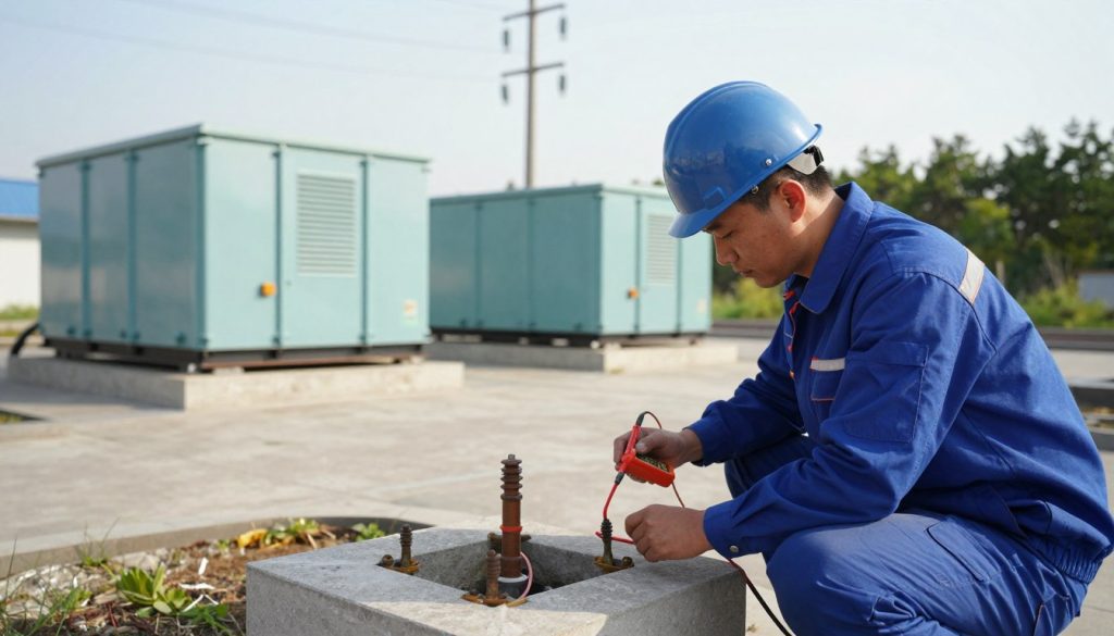 A detailed scene depicting a professional technician performing preventive maintenance on a grounding system for energy generators. In the foreground, the technician, dressed in a blue work uniform and safety helmet, is inspecting grounding rods and connections, using a multimeter to measure grounding resistance. The middle ground features a cluster of energy generators in a well-lit, outdoor industrial setting, with clear skies above. In the background, tall electric poles and lush greenery indicate a safe, operational environment. Soft, natural lighting casts gentle shadows, enhancing the technical atmosphere. The overall mood is focused and diligent, conveying the importance of routine maintenance in ensuring safety and reliability of energy systems. The composition is captured from a slightly elevated angle to provide a comprehensive view of the technician at work.