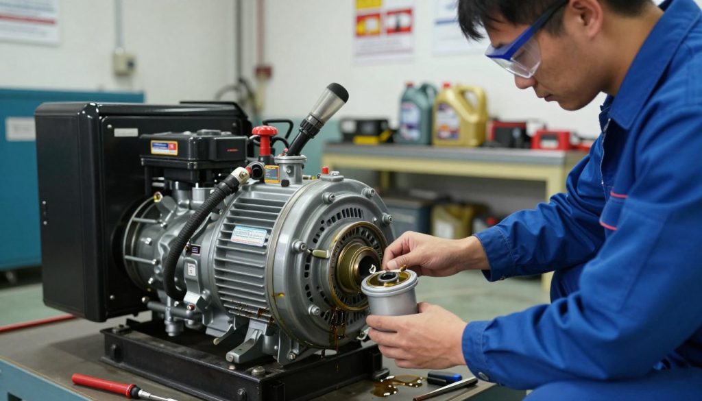 A detailed scene depicting an energy generator undergoing an oil change. In the foreground, a technician in a blue coverall and safety goggles diligently removes the oil filter from the generator, tools scattered around. The middle ground features the energy generator, a robust industrial machine with visible labels and components, some oil dripping from its side. In the background, a well-lit workshop environment with shelves of tools, oil containers, and safety posters on the walls. The atmosphere is professional and focused, with soft, natural lighting accentuating the metallic textures and creating a clean, organized space. The camera angle is slightly tilted upward, emphasizing the technician's engaged expression and the generator’s substantial size, capturing an informative and industrious scene.