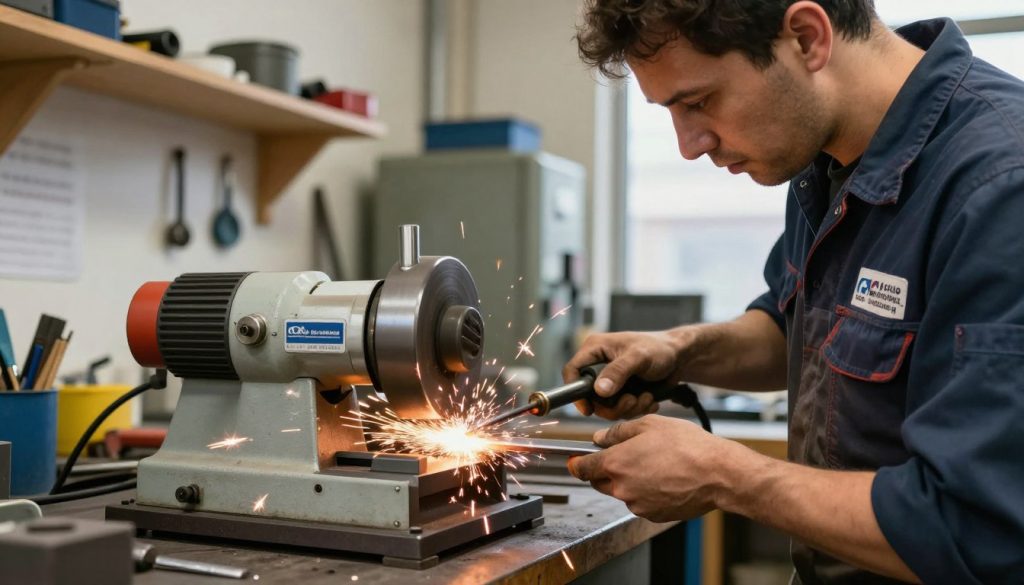 A detailed scene depicting efficient grinding techniques using a bench grinder, prominently showcasing a skilled technician in professional work attire, focused on a piece of metal. In the foreground, the technician is using a hands-on approach, with sparks flying as the metal is ground down. In the middle ground, the bench grinder is robust and well-lit, demonstrating its features and components. The background should feature a well-organized workshop environment, with tools and materials arranged neatly on shelves. Bright, natural lighting from overhead fixtures gives the image a productive atmosphere, highlighting the importance of precision in metalworking. The branding "Galpão das máquinas" should be subtly integrated into the workshop setting. Emphasize a sense of concentration and professionalism in the technician's expression.