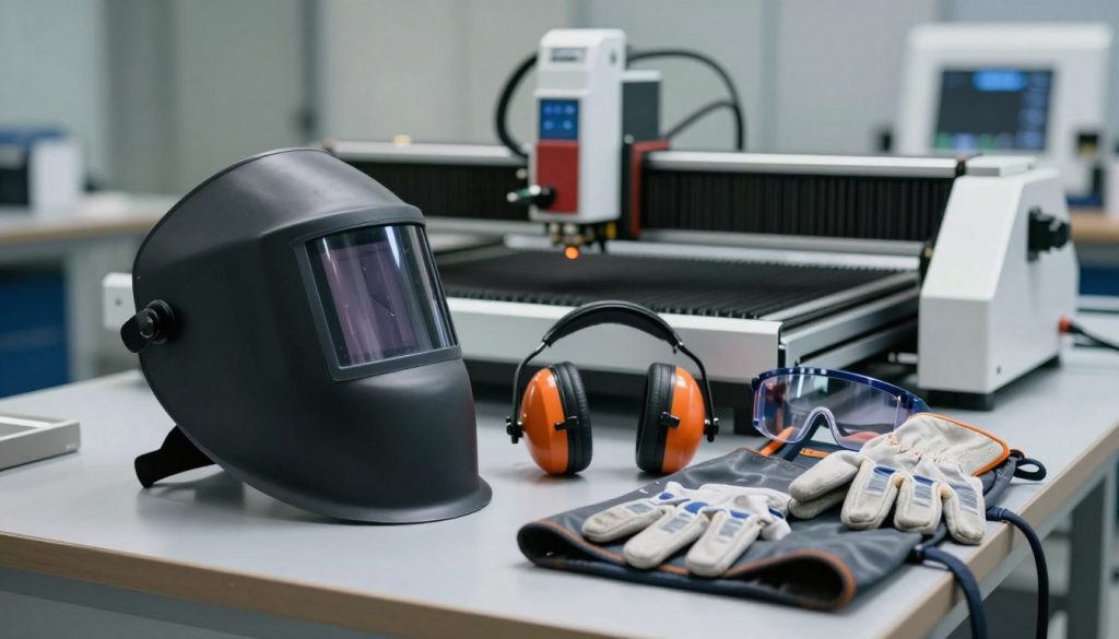 A detailed scene depicting essential personal protective equipment for laser cutting. In the foreground, showcase a sturdy welding helmet with a visor, a pair of heavy-duty gloves, and an industrial-grade apron made of flame-resistant material. In the middle ground, include safety goggles with anti-fog features and ear protection designed for high-decibel environments. Arrange these items on a sturdy workbench. In the background, softly illuminated by focused overhead lighting, display a modern laser cutting machine, highlighting its high-tech features. The setting should evoke a sense of safety and professionalism, with a clean workshop environment. Use a shallow depth of field to emphasize the equipment, while giving a clear view of the tools and materials essential for laser cutting safety. The atmosphere is serious and focused, perfect for a professional setting.
