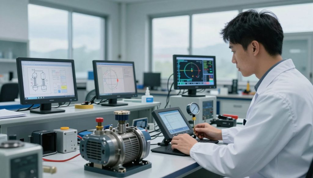 A detailed scene depicting the analysis of hydraulic pump performance, set in a modern engineering lab. In the foreground, a professional technician in a lab coat examines a hydraulic pump using digital measurement tools, showcasing gauges and data screens that display performance metrics. In the middle, workbenches are lined with various hydraulic components, tools, and technical diagrams illustrating common issues and diagnostics. The background features large windows revealing a cloudy sky, allowing soft, natural light to fill the space, creating an analytical and focused atmosphere. The overall color palette is composed of blues and grays to evoke a sense of professionalism and precision in engineering analysis.