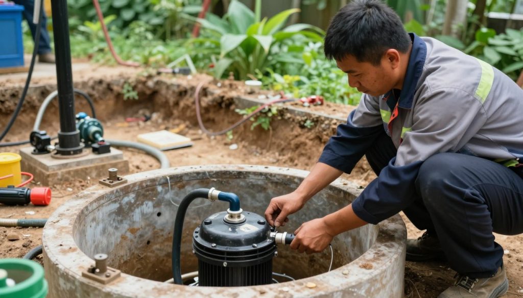 A detailed scene depicting the installation of submersible pumps in a serene outdoor setting. In the foreground, a technician in professional attire is carefully placing a submersible pump into a well, showing attention to detail with tools nearby. The middle ground features a partially excavated area with clear indicators of pumping equipment, like hoses and wiring. In the background, lush greenery surrounds the site, hinting at the natural environment. Soft, natural lighting illuminates the scene, creating an atmosphere of focus and professionalism. The camera angle is slightly elevated, capturing both the technician’s actions and the surrounding environment for context. The overall mood conveys a sense of diligence and safety in the installation process.