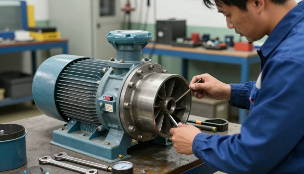 A detailed scene depicting the maintenance of a centrifugal pump, showcasing a technician in professional attire, examining the pump's mechanical components. In the foreground, the technician works methodically with tools, surrounded by essential equipment such as wrenches and gauges, highlighting the precision involved in the process. The middle ground features the centrifugal pump itself, emphasizing its intricate parts like the impeller and motor, with clear labels of "Galpão das máquinas" subtly integrated into the design. The background shows a well-lit industrial workshop with organized tools and machinery, conveying a mood of professionalism and focus. The lighting is bright and even, enhancing the details of the pump and the technician's careful work, with a slight depth of field to draw attention to the main subject.