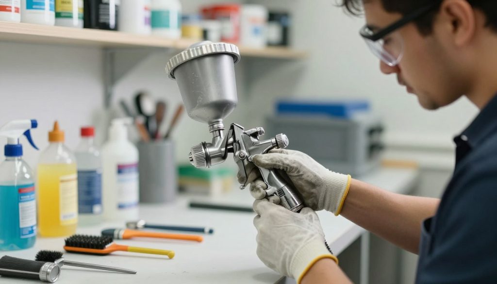 A detailed scene depicting the maintenance of a spray gun in a well-lit workshop environment. In the foreground, a skilled technician wearing safety goggles and gloves carefully disassembles a spray gun, showcasing various parts like the nozzle, trigger, and air cap. The middle ground reveals a neatly organized workstation, with a variety of cleaning supplies and tools, such as brushes and solvents, enhancing the focus on maintenance practices. In the background, shelves filled with paint materials and equipment reflect the professional workshop atmosphere. Natural daylight illuminates the scene, creating soft shadows, while a shallow depth of field emphasizes the technician's focused expression. The overall mood should convey precision, care, and professionalism, highlighting best practices that contribute to the longevity of the spray gun equipment.