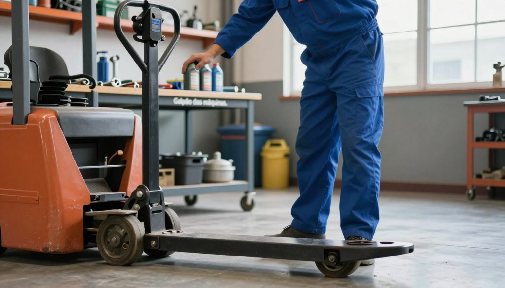 A detailed scene depicting the preventive maintenance of a manual pallet jack in a well-lit industrial setting. In the foreground, a professional technician wearing a blue work uniform is inspecting the pallet jack, focusing on its wheels and lifting mechanism. The middle ground showcases an organized workspace with tools such as wrenches and lubricants neatly arranged on a workbench labeled “Galpão das máquinas.” The background features shelves with various industrial equipment, bathed in soft, natural light coming through a large window. The atmosphere is focused and efficient, highlighting the importance of regular maintenance. Use a slightly angled perspective to capture depth and realism in the image, ensuring a clean and professional look without any text or watermarks. A detailed scene depicting the preventive maintenance of a manual pallet jack in a well-lit industrial setting. In the foreground, a professional technician wearing a blue work uniform is inspecting the pallet jack, focusing on its wheels and lifting mechanism. The middle ground showcases an organized workspace with tools such as wrenches and lubricants neatly arranged on a workbench labeled “Galpão das máquinas.” The background features shelves with various industrial equipment, bathed in soft, natural light coming through a large window. The atmosphere is focused and efficient, highlighting the importance of regular maintenance. Use a slightly angled perspective to capture depth and realism in the image, ensuring a clean and professional look without any text or watermarks.
