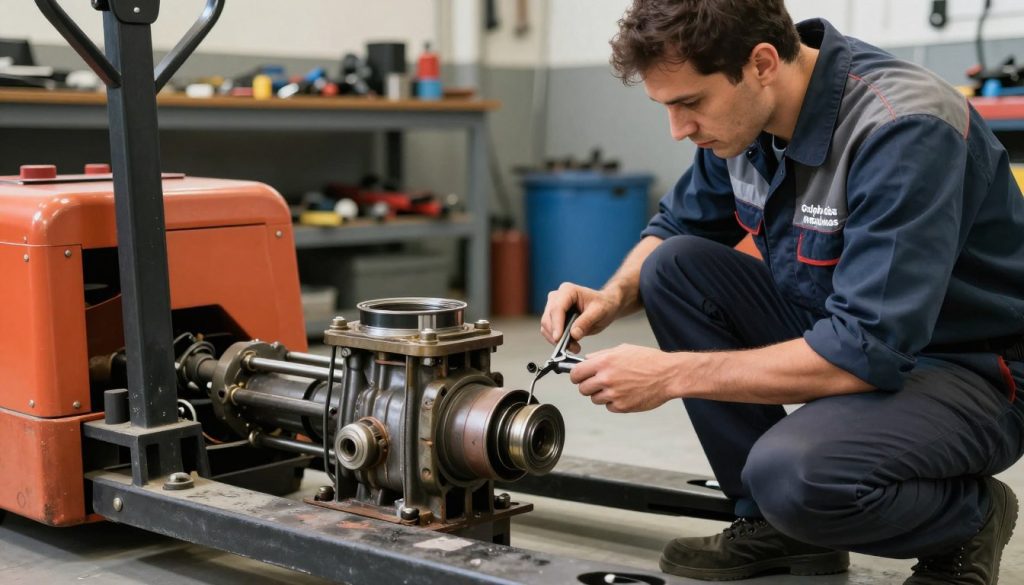 A detailed scene depicting the repair process of a manual pallet jack, focusing on the hydraulic pump. In the foreground, a skilled technician in professional business attire is crouched beside the pallet jack, examining the hydraulic pump with tools in hand. The middle ground showcases the disassembled components of the pump, with attention to the pistons and seals, highlighting common issues like leaks or damage. In the background, a well-organized workshop filled with various tools and equipment emphasizes a professional environment. Soft, focused lighting illuminates the technician’s work area, creating a sense of concentration and diligence. The overall mood is one of expertise and attention to detail, with branding visible on the technician's uniform, clearly displaying "Galpão das máquinas".